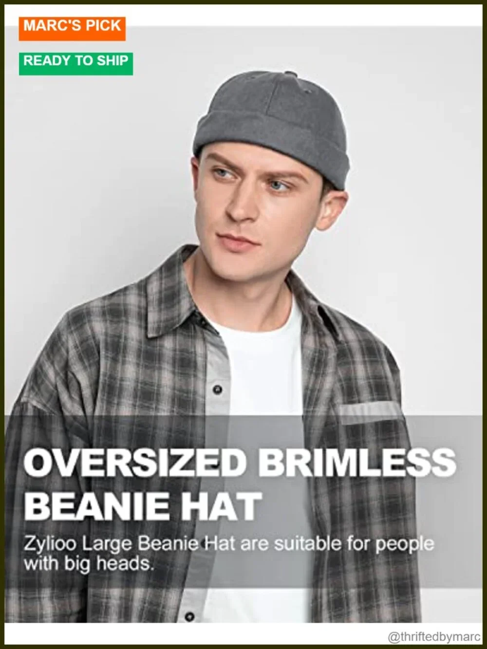 Oversize XXL Brimless Beanie Hat, Cotton Rolled Cuff Skull Cap, Adjustable No